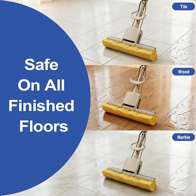 LILAC Cellulose Sponge Mop with 2 Replacement Heads,4-Color Handle for Zoned Cleaning, Super Absorbent Pop Up Roller Mop for Hardwood,Laminate Floors, Heavy Duty Floor Scrubber (Blue)