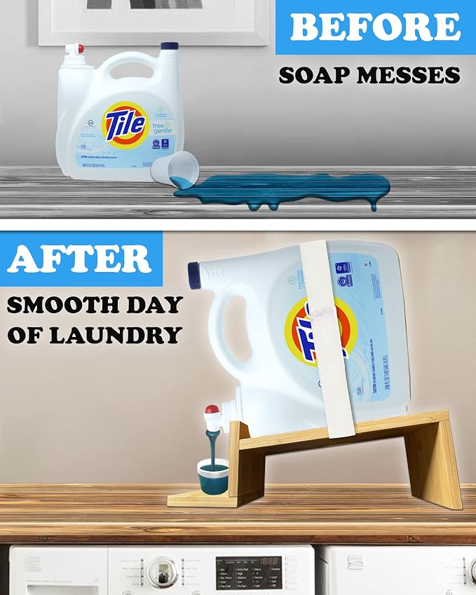 Liquid Laundry Detergent Holder Stand with Tray & Strap - 1 Pack - Wood | Easy Pouring, Rubber Feet, Angled Stand, Fabric Softener Dispenser for Laundry Room Organization & Storage