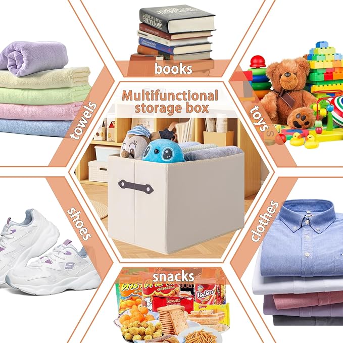 3 Pack Large Collapsible Storage Baskets for Shelves,14.9"x9.5" Fabric Closet storage Boxes with Leather Handles,Decorative Organizers Storage Bins for Clothes,Sheets,Toys,Books,Creamy-White