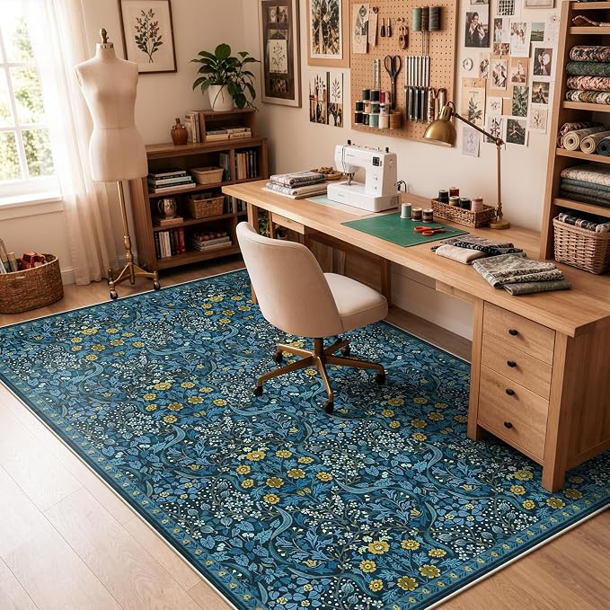 Anidaroel Office Chair Mat for Hardwood Floor/Tile Floor, 5x7 Floral Desk Chair Mat for Hard Floors, Under Desk Rug Protector for Rolling Computer Gaming Chairs, Anti Slip Machine Wash Carpet