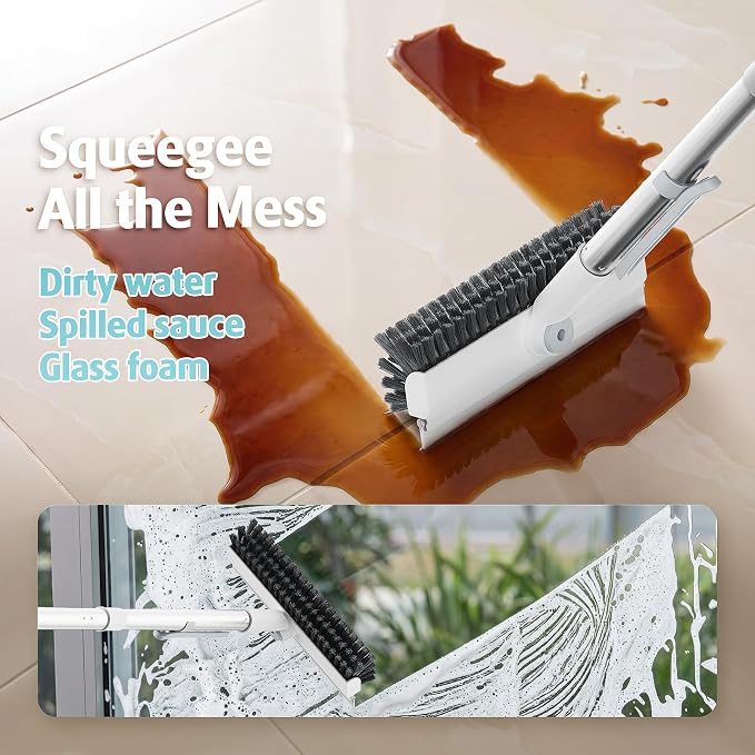 AIR U+ Floor Scrub Brush with Long Handle, 4 in 1 Floor Scrubber & Squeegee | Small Scrubber with Stiff Dual-Sided Bristles and Rotating Head for Shower, Bathroom, Bathtub, Kitchen and Patio, White
