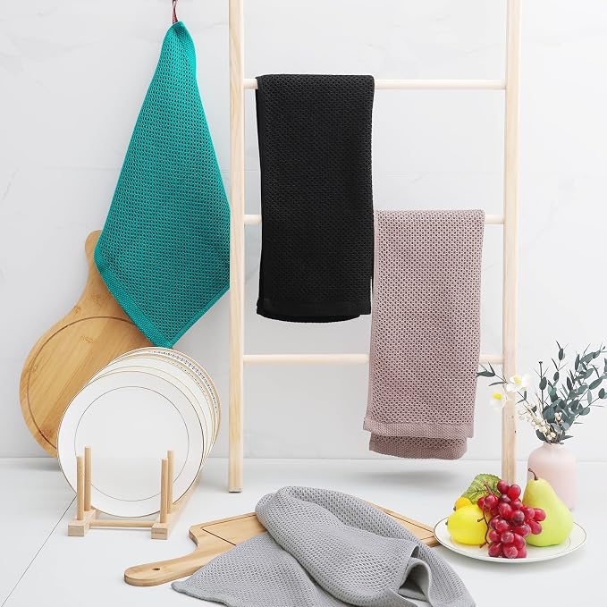 Homaxy 100% Cotton Waffle Weave Kitchen Dish Towels 4-Pack, Black | 13 x 28 Inches, Ultra Soft Absorbent Dish Towels, Quick Drying Cleaning Towels