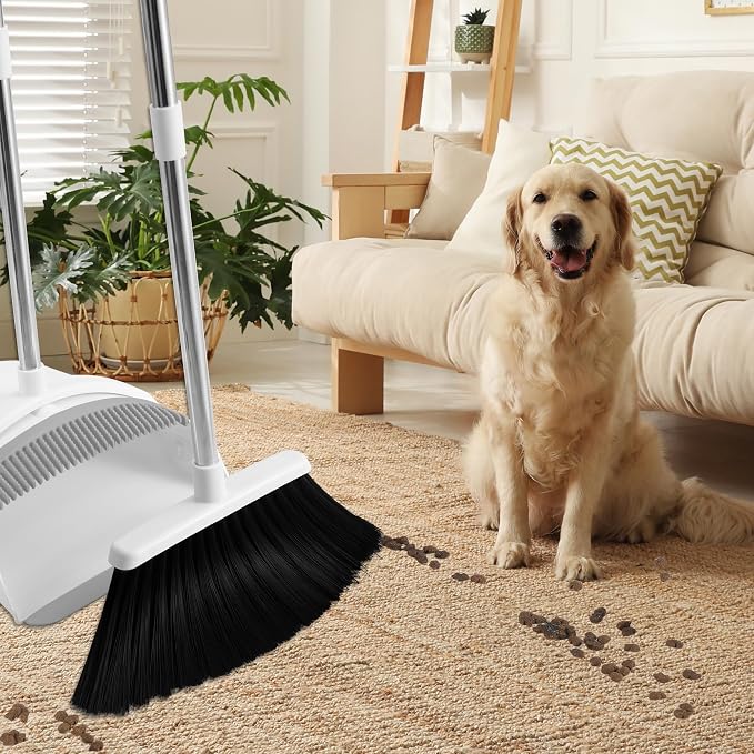 Broom with Dustpan Combo Set for Home, 52-in Long Adjustable Handle Angle Broom and Dustpan Set with Dustpan Comb Teeth for Sweeping Pet Hair Food Dirt Kitchen (White-Grey)
