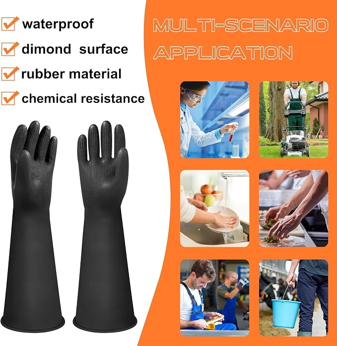 16" Chemical Resistant Gloves, Black Safety Work Heavy Duty Rubber Gloves | Long Waterproof Rubber Industrial Safety Glove for Cleaning, Gardeing,Dishwashing