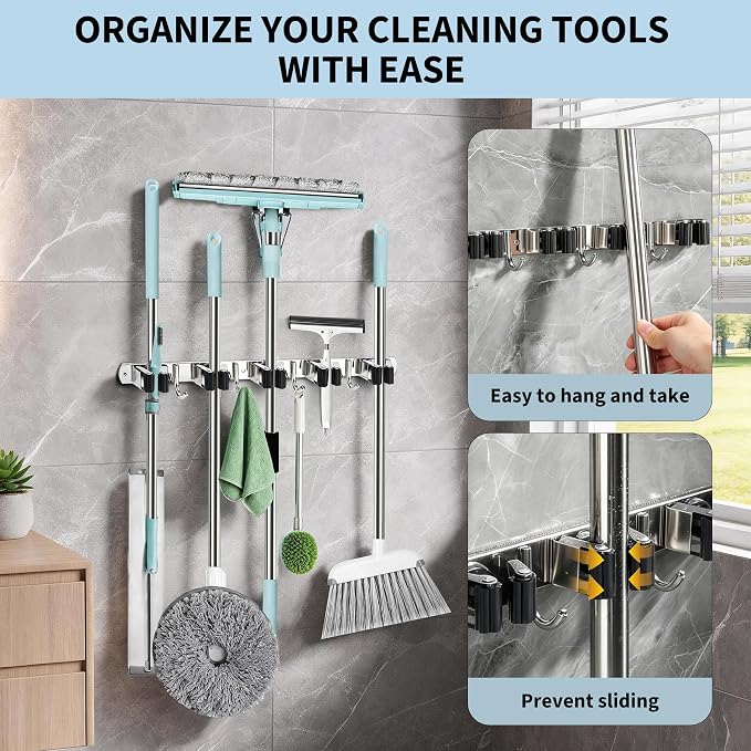 Mop and Broom Hanger Wall Mounted, 5 Racks and 4 Hooks, Storage Organiser (1, Black, 5)