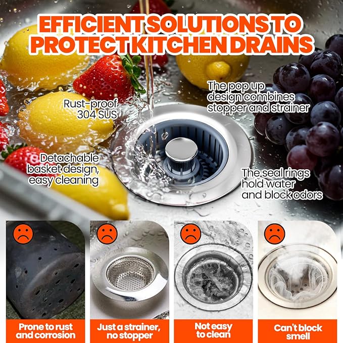 Kitchen Sink Drain Strainer & Sink Stopper, Upgraded 3 in 1 Stainless Steel Drain Plug Combo with Anti-Clog Basket, Pop Up Drain Cover for Standard 3-1/2'', Fits Double Bowl Kitchen Sinks