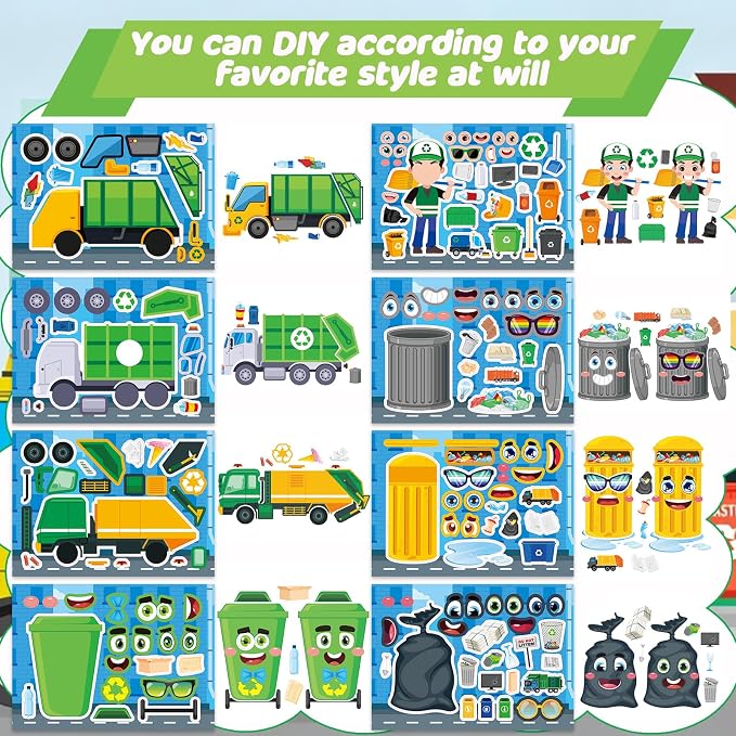 24 Sheets Garbage Truck Make a Face Sticker, Make Your Own Trash Truck Stickers Garbage Mix and Match Sticker for Home School Classroom Crafts Activities Reward Birthday Party Favors