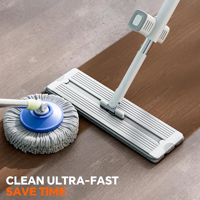 Self Wringing Mop, Hands Free Microfiber Flat Mop Wet Dry Floor | Microfiber pads, aluminum panel, wet dry cleaning system for floors walls windows, apartment use, 4 Reusable Pads