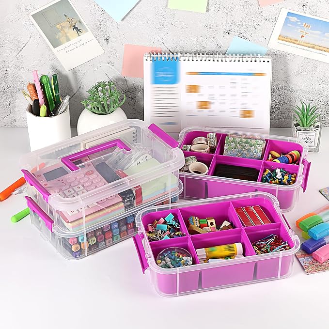 JUXYES 4-Tiers Plastic Stack Carry Storage Containers Box wih Handle Lids | Clear Stackable Latching Storage Bin With 2 Tray for School Office, Organizing Sewing, Art Craft, DIY Supplies, Purple