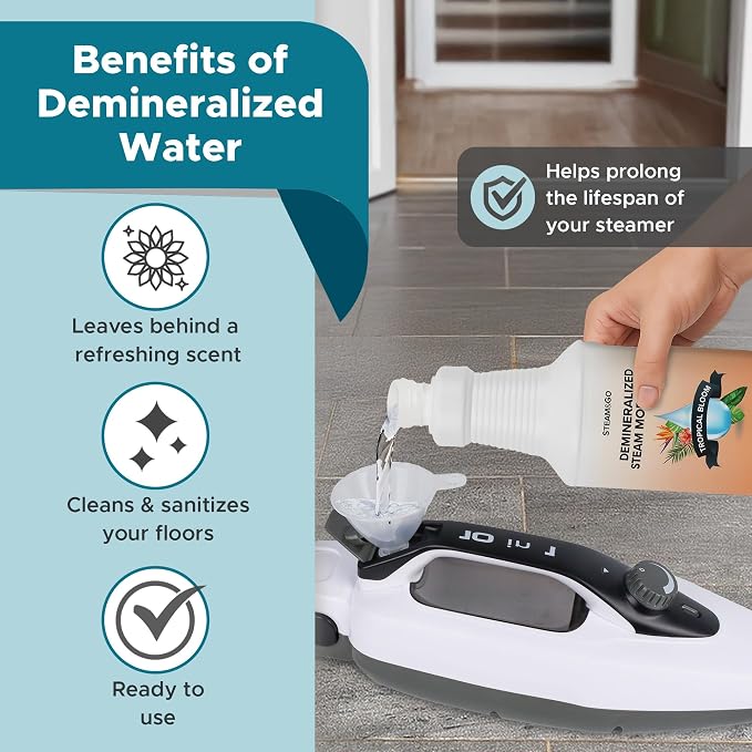 Steam & Go Demineralized Water for Steam Mop – Tropical Bloom Scent, 32 oz (Pack of 18)| Scented Floor Cleaner Solution, Ready-to-Use, Compatible with Any Steam Cleaner