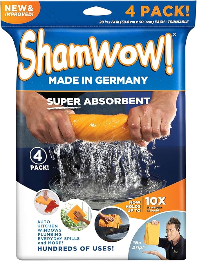 ShamWow Shammy Cloth 4-Pack, 20"x24", Super Absorbent Chamois Towel | Super Large, Lint-Free & Scratch-Free, Holds 10x Its Weight