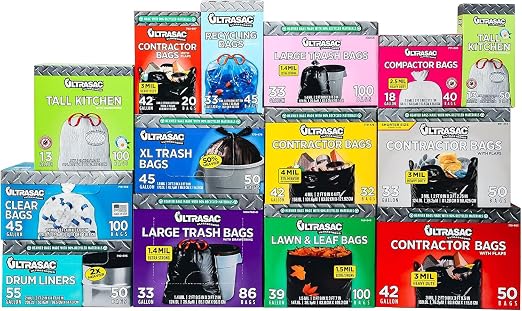 Ultrasac 33 Gallon Trash Bags - (Huge 100 Pack/w Ties) - 39" x 33" Heavy Duty Large Professional Quality Black Garbage Bags - Extra Strong Plastic Trashbags for Home, Kitchen, Lawn, and Other