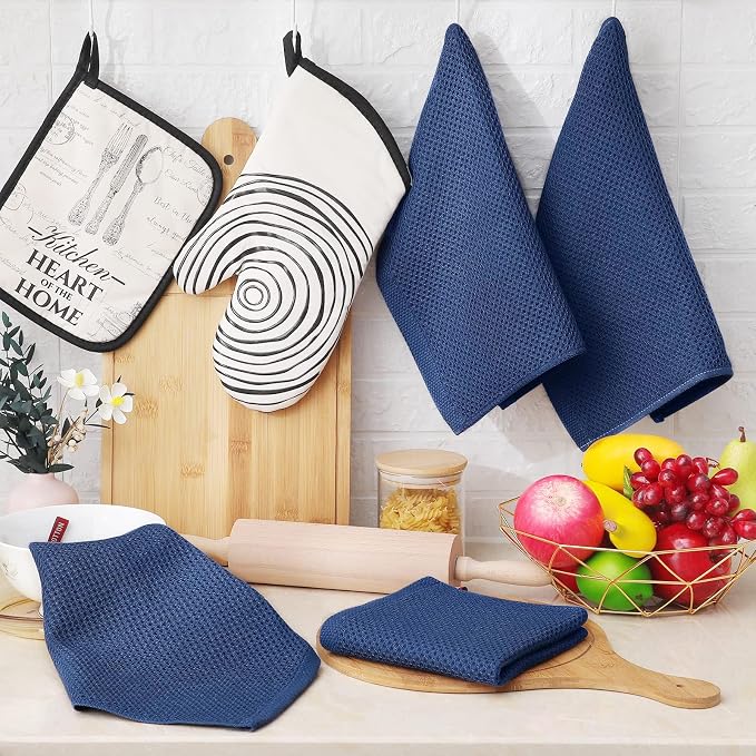 Homaxy 100% Cotton Waffle Weave Kitchen Dish Cloths 6-Pack, Navy Blue | 12 x 12 Inches, Ultra Soft Absorbent Dish Towels, Quick Drying Dish Rags with Hanging Loop