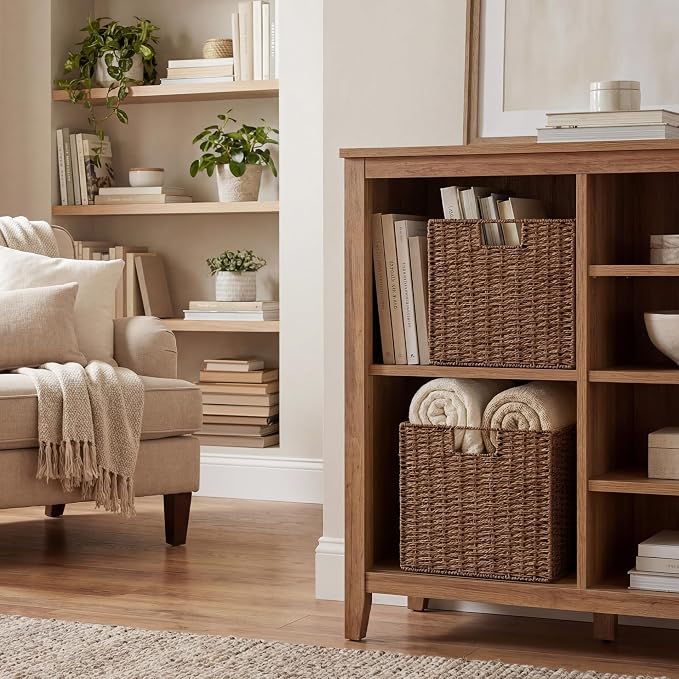 StorageWorks 13 inch Cube Storage Bins, Wicker Baskets for Storage, Brown | 2-Pack, Foldable Square Baskets, Wicker Storage Baskets for Organizing, Paper Rope Square Storage Cubes, Cube Storage Bins