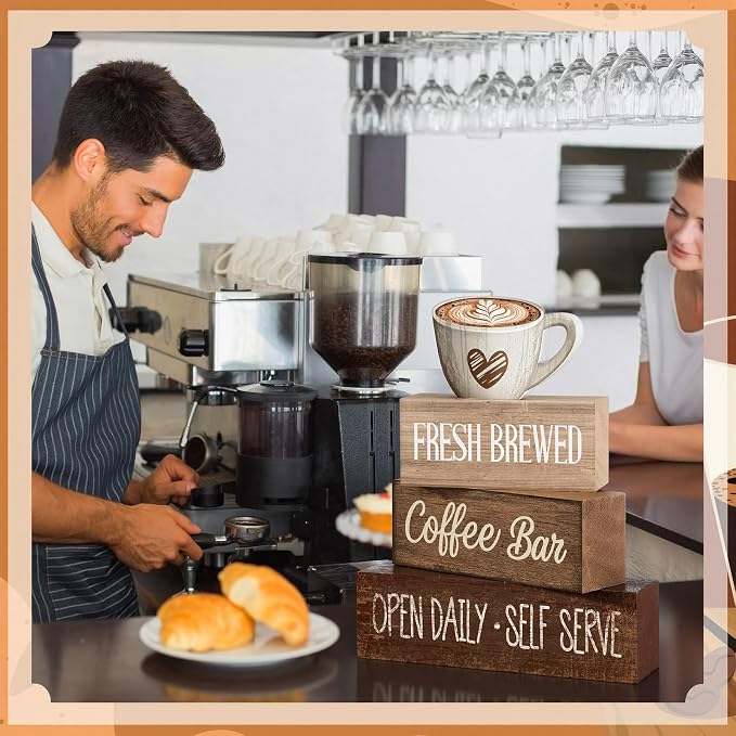 Moucuny 4 Pcs Coffee Bar Wooden Sign Decor Rustic Farmhouse Kitchen Table | Tiered Tray Centerpiece, Bar Supplies for Home, Self Serve Display, Station Decorations for Countertop, Rustic Gift