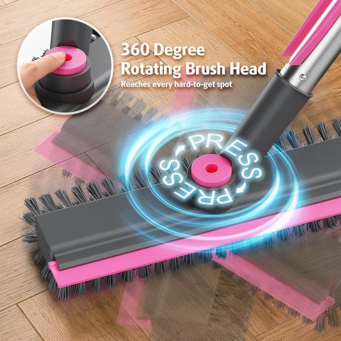 AIR U+ Floor Scrub Brush with Long Handle, 4 in 1 Floor Scrubber & Squeegee | Small Scrubber with Stiff Dual-Sided Bristles and Rotating Head for Shower, Bathroom, Bathtub, Kitchen and Patio, Pink