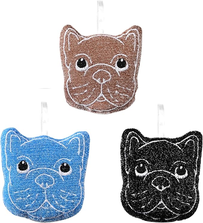 Fox Run Bulldog Kitchen Scrubber Set, Multicolor Pack of 3 Dog Sponges, 4" | Easily Clean Plates, Pots & Glasses | Dish Sponges For Nonstick Pans | Cute Kitchen Décor | Reusable Dog Scrub Sponge Set