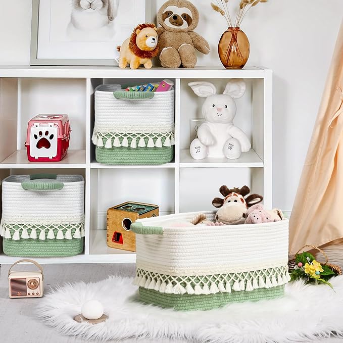 3 Pack Storage Basket for Shelves, Boho Cotton Rope Storage Bins with Heavy Tassel, Shelf Baskets Large Woven Baskets for Organizing, Cube Organizer Bins, Baby Laundry Basket for Clothes, Toys, Pets