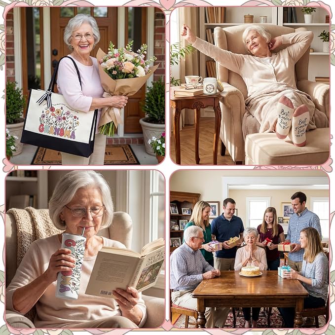 Patelai 7 Pcs Grandma Gifts, Christmas Grandma Gifts for Best Grandmother | Birthday Gift from Grandkids Grandchildren Thank You Set with 20oz Tumbler Tote Bag Candle Socks Makeup Bag Keychain Card
