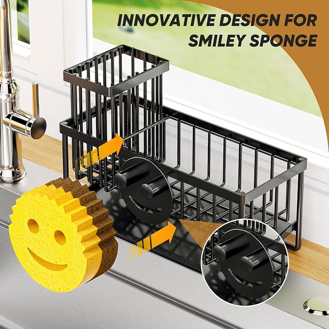 Sponge Holder for Kitchen Sink,Smiley Face Sink Caddy with Removable Brush Holder,Self-Draining Sponge Caddy for Sponge,Soap,Dish Brush,Scrubber,Kitchen Essentials and Gadgets