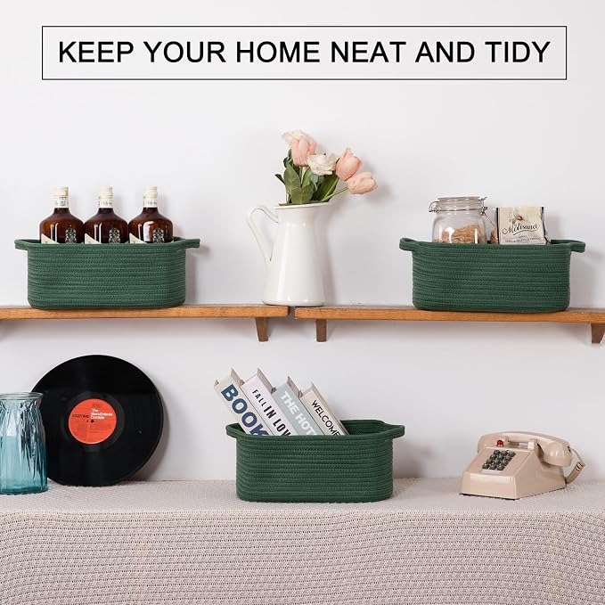 OIAHOMY 3 Pack Storage Baskets for Shelves Cotton Rope Storage Bins Green | Woven Baskets for Storage Nursery Storage Basket with Handles Baskets for Organizing Small Baskets Gift Baskets Empty