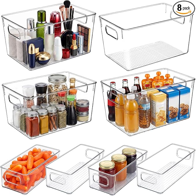 YKIOKE 8 Pack Clear Plastic Storage Bins with Handles, Stackable Organizer | BPA-Free, 4 Large & 4 Small Stackable Organizer Containers for Kitchen Cabinets, Countertops, Drinks, Fruits, Vegetables