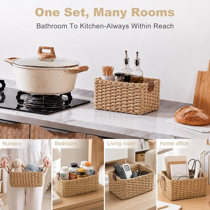 Paper Rope Storage Baskets Set of 3, Handwoven Decorative Wicker Organizer Bins with Handles for Shelves, Bathroom, Closet & Pantry, Soft Woven Nesting Storage Basket Set (Khaki)