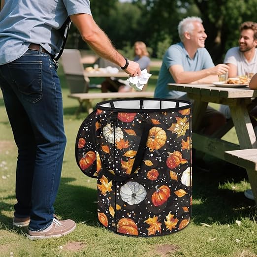 doginthehole Fall Maple Leaves Pumpkin Collapsible Trash Can Portable Tall Trash Can Recycling Bin 22.83x17.71 Outside Garbage Bin Storage Bag with Clip and Zipper Lid, Fall Decorations for Outdoor