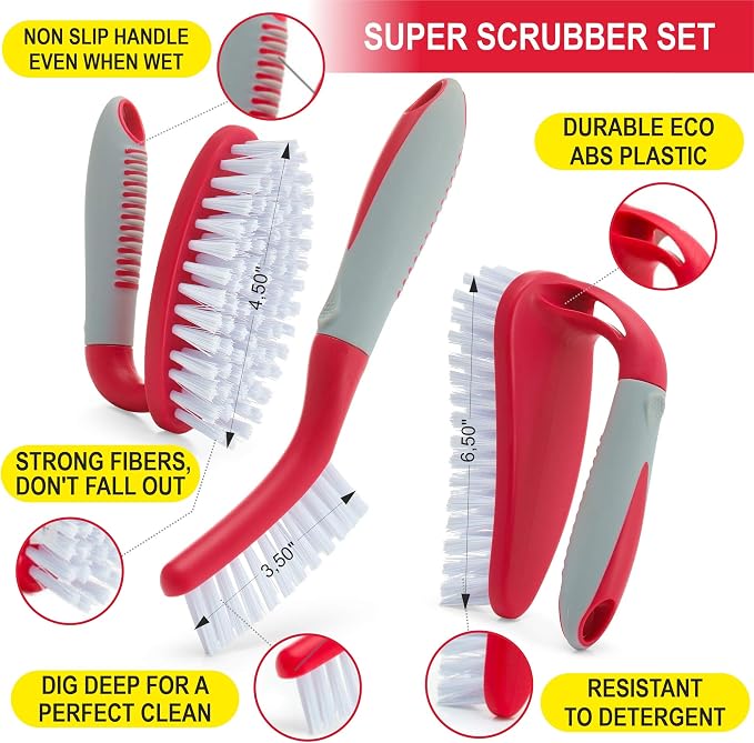 Scrub Brush Set of 6 pcs - Red or Blue Randomly Color, Cleaning Shower Scrubbers with Squeegee for Shower Glass & Adhesive Wall Hooks Including Grout Cleaner Brush for Cleaning Bathroom, Tile