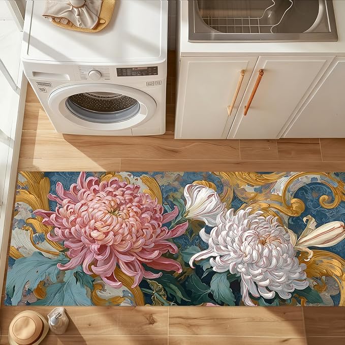 ANNA QUEEN Vintage Chrysanthemum Laundry Room Rug Runner 20x47 Inch - Waterproof Non-Slip Floor Mat for Front Load Washer Dryer, Burgundy Floral Farmhouse Decor, Machine Washable