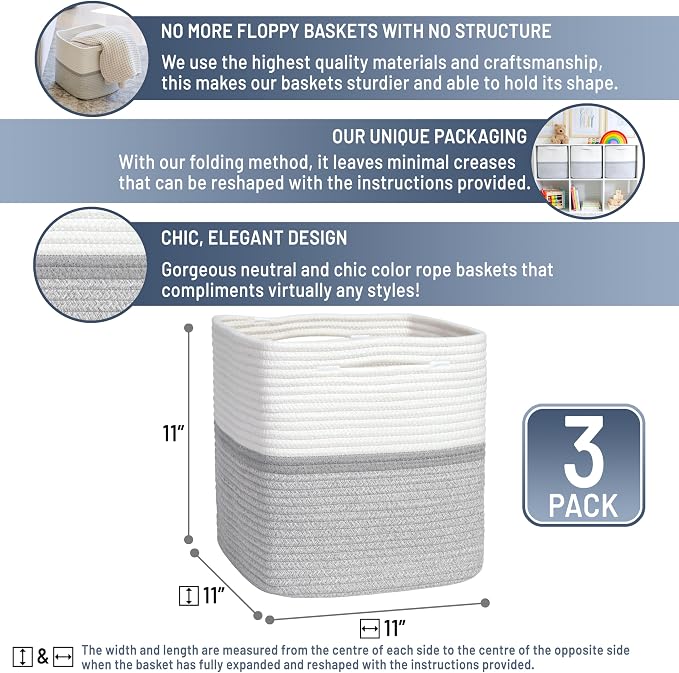 NaturalCozy Storage Cubes 11 Inch Cotton Rope Woven Baskets for Organizing, 3-Pack | Cube Storage Bin | Square Storage Baskets for Shelves Organizer, Classroom, Kids Toy Bins, Closet, Baby Nursery