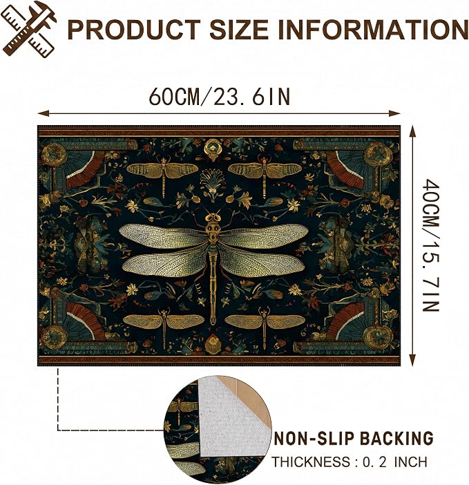 Vintage Dragonfly Laundry Room Mat 23.6 x 19.6 Inch, Dark Teal Botanical Non-Slip Washer Dryer Floor Rug for Entryway, Kitchen and Bathroom (Dark Green)