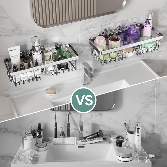 Veken Shower Caddy 5-Pack, Bathroom Organizers and Storage Shelves, Silver | Advanced Rustproof Design, Large Capacity, No Drilling, Adhesive Rack with Soap Holder, Wall-Mounted Kitchen & Home Decor