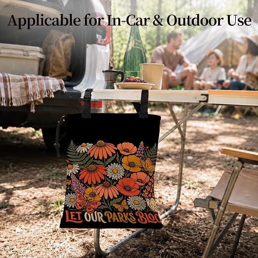 Vintage Floral Butterfly Car Garbage Bag Canvas Trash Can | Rustic Botanical Wildflower Drawstring Car Trash Bag Hanging for Back Seat with Adjustable Buckle