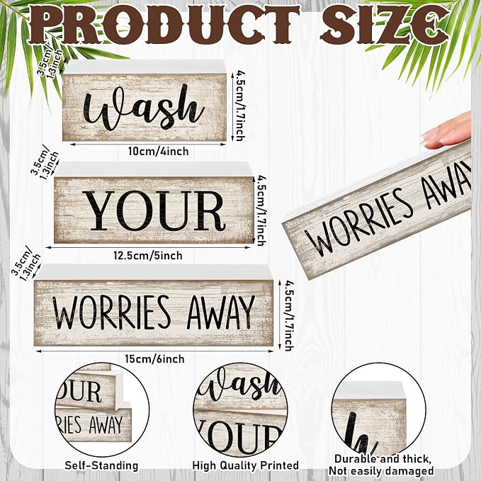 Moucuny 3 Pcs Laundry Room Decor Wood Block Signs Wash Your Worries Away