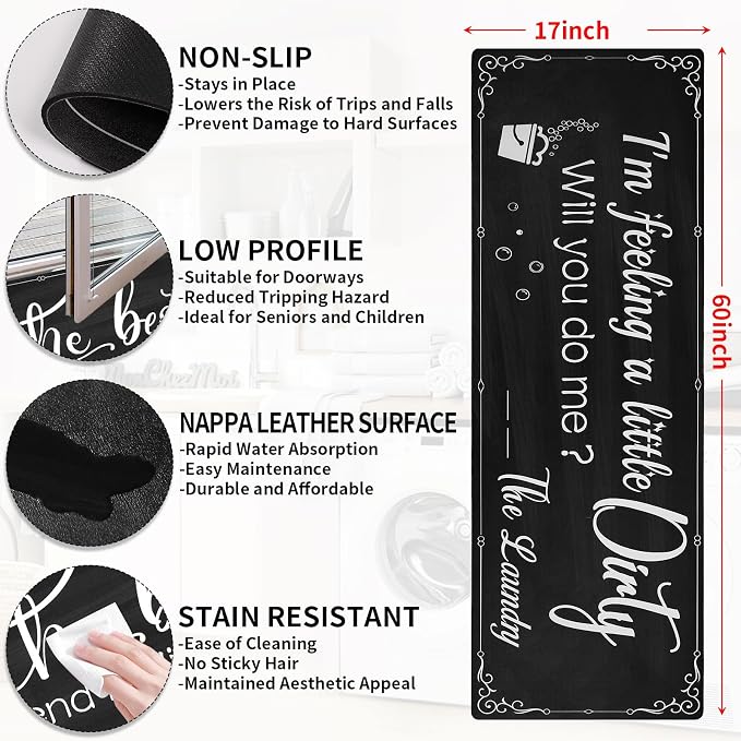 XLHOMO Laundry Room Rug Runner, 17"x60" Non Slip Nappa Leather Laundry Rugs, Black Farmhouse Washable Floor Laundry Mats for Laundry Room, Entryway, Kitchen, Bathroom, Mudroom, Washroom, Hallway Decor