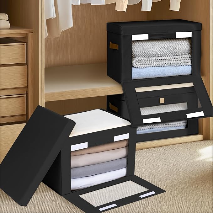 Homsorout Large Closet Storage Bins - Collapsible Clothes Organizer with Handles & Window, Decorative Boxes with Lids, Linen Closet Organizers for Living Room, Dorm, 8 Pack, Black