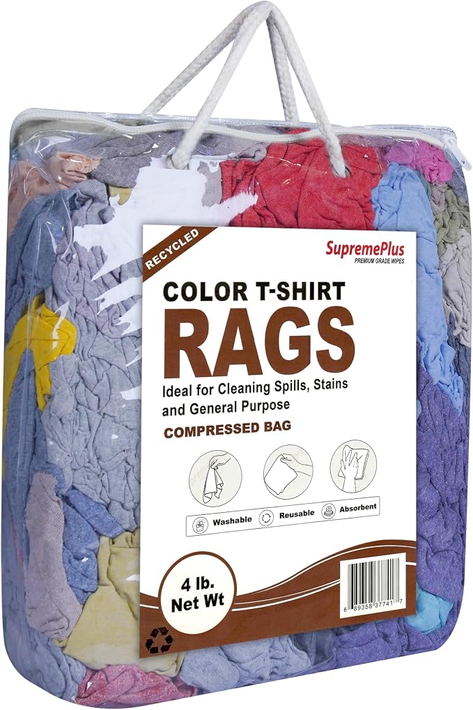 Recycled Multicolored Knit T-Shirt Rags, 4 lb Bag of Rags for Cleaning, Reusable & Multipurpose Cotton Rags for Wiping, Dusting, Polishing, Staining, Paint Spill Cleanup, and Home Use