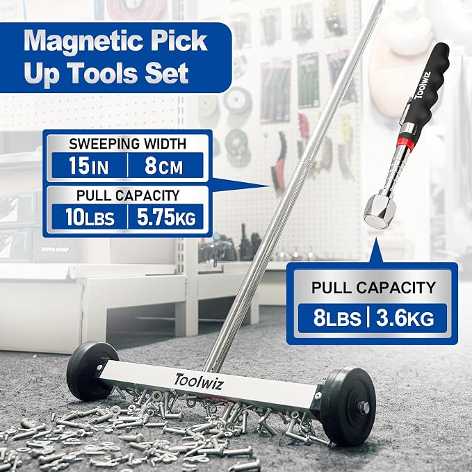 Toolwiz 15" Rolling Magnetic Sweeper with Telescopic Magnetic Pick Up Tool | 10lbs Capacity Sweeper, 16lb Magnetic Pick Up Tool, Lightweight with Wheels, For Nails, Screws & Metal Debris