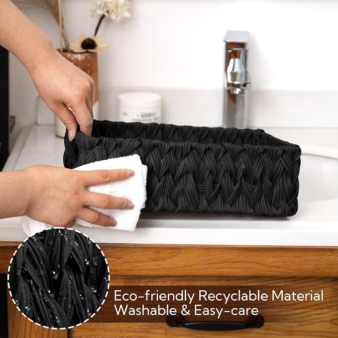 GRANNY SAYS Wicker Storage Baskets for Shelves, Black Wicker Basket, 2-Pack | Waterproof Woven Baskets for Storage, Decorative Basket, Wicker Baskets for Organizing, organizer Basket, Black Woven Basket