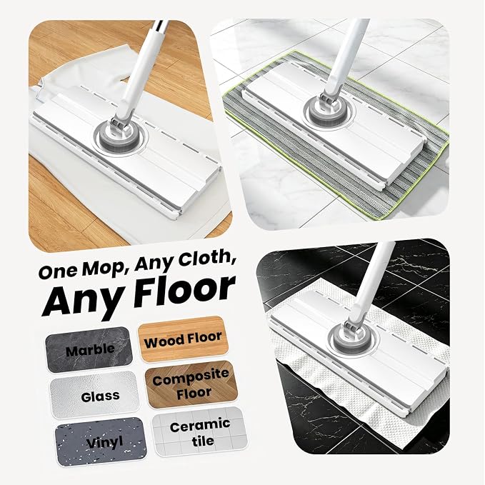13" Wide Flat Mop with Snap-Grip Cloth Lock, Disposable Clamp Mop | Sweeper & Mop Kit with Dry and Wet Multi-Surface Floor Cleaner, Includes 2 Reusable Cloths, Ideal for Hardwood, Tile Floor