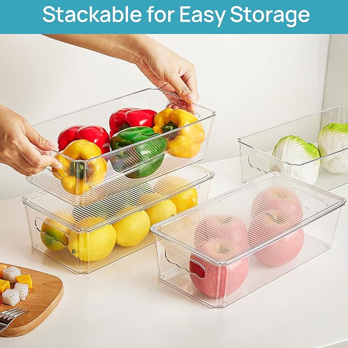 Vtopmart 8pcs Clear Organizers and Storage Bins with Lids, Stackable Plastic Storage Containers with Handles for Fridge, Freezer, Pantry, Cabinet, Kitchen Organization (Pack of 2)