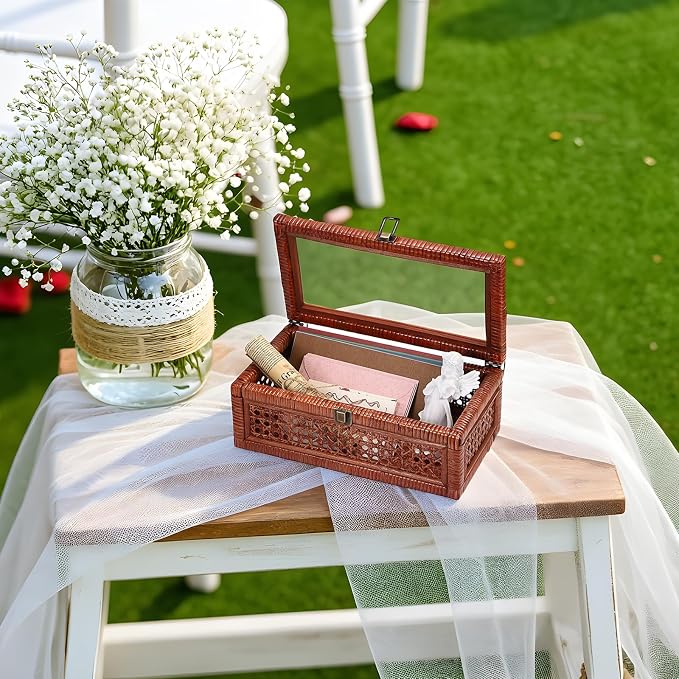 Hipiwe Rattan Storage Box with Lid Vintage Wood and Cane Display Box, Brown | Decorative Shelf Basket for Home Decor, Rectangular Basket Organizer Bin for Bathroom, Kitchen Countertop