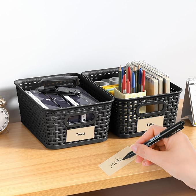 8 Pack Plastic Storage Baskets,Black Stackable Storage Bins | 5.3qt Storage Containers with Labels for Organizing Shelves Drawers Desktop Closet Playroom Classroom Office