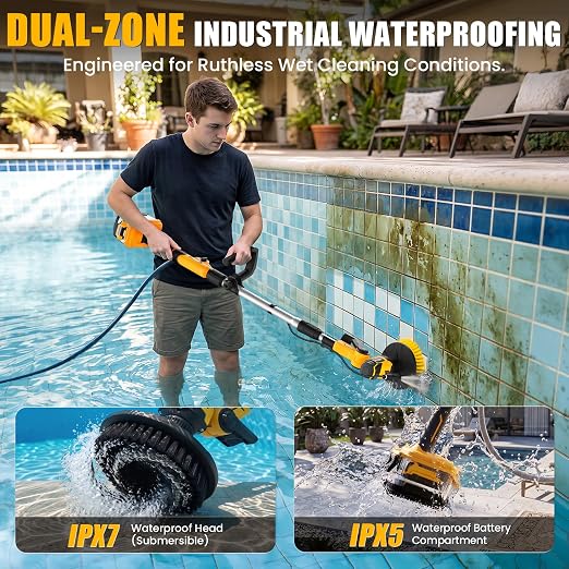 Cordless Electric Power Scrubber Compatible with DeWalt 20V Max Battery | (Tool Only)Water Fed Telescopic Cleaning Brush with Brushless Motor, IPX7 Waterproof 8-Angle Head, 45-59" Pole for Patio/Deck