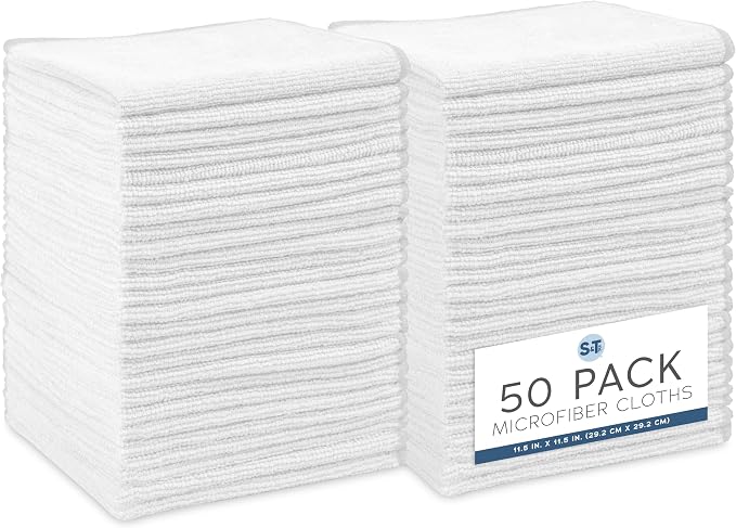 S&T INC. Microfiber Cleaning Cloth, 50 Pack, 11.5" x 11.5", White | Bulk Cleaning Cloth for Home and Car, Reusable and Multi-Purpose Cleaning Rags for Business, Machine Washable