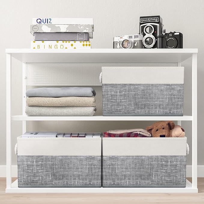 Storage Bins 2-Pack, Foldable Storage Baskets for Organizing Toys, Books, Shelves, Closet, Large Storage Box with Rope Handles, Sturdy Organizer Bins, White & Grey