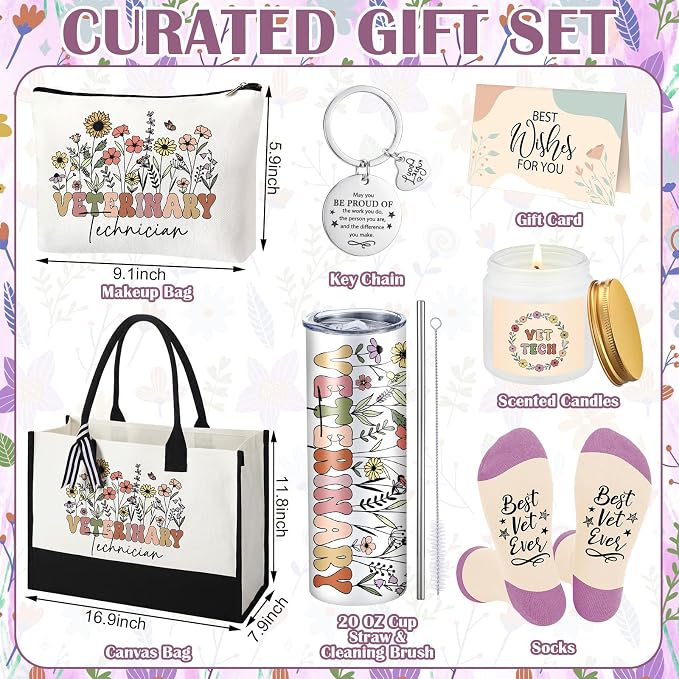 Patelai 7 Pcs Vet Tech Gifts for Women, Veterinary Technician Week Gift | Vet Assistant Appreciation Gift Set with 20oz Tumbler Canvas Tote Bag Candle for Thank You Veterinarian Birthday Pet Lover