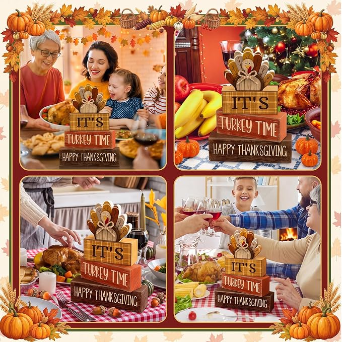 Moucuny 4 Pcs Thanksgiving Table Decorations Wooden Turkey Tiered Tray | Rustic Farmhouse Centerpiece with Turkey Time Signs, Kitchen or Dining Display, Stackable Blocks Gift for Fall Harvest