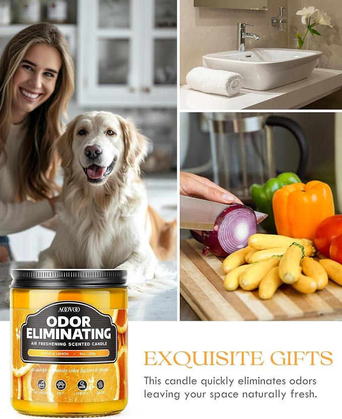AOOVOO Citrus Lemon 2 Pack Odor Eliminating Candle - 18oz Soy Candle | Eliminates 95% of Pet, Smoke, Food, and Other Smells Quickly, Non Toxic Air Freshing Candle, Up to 100 Hours Burn time